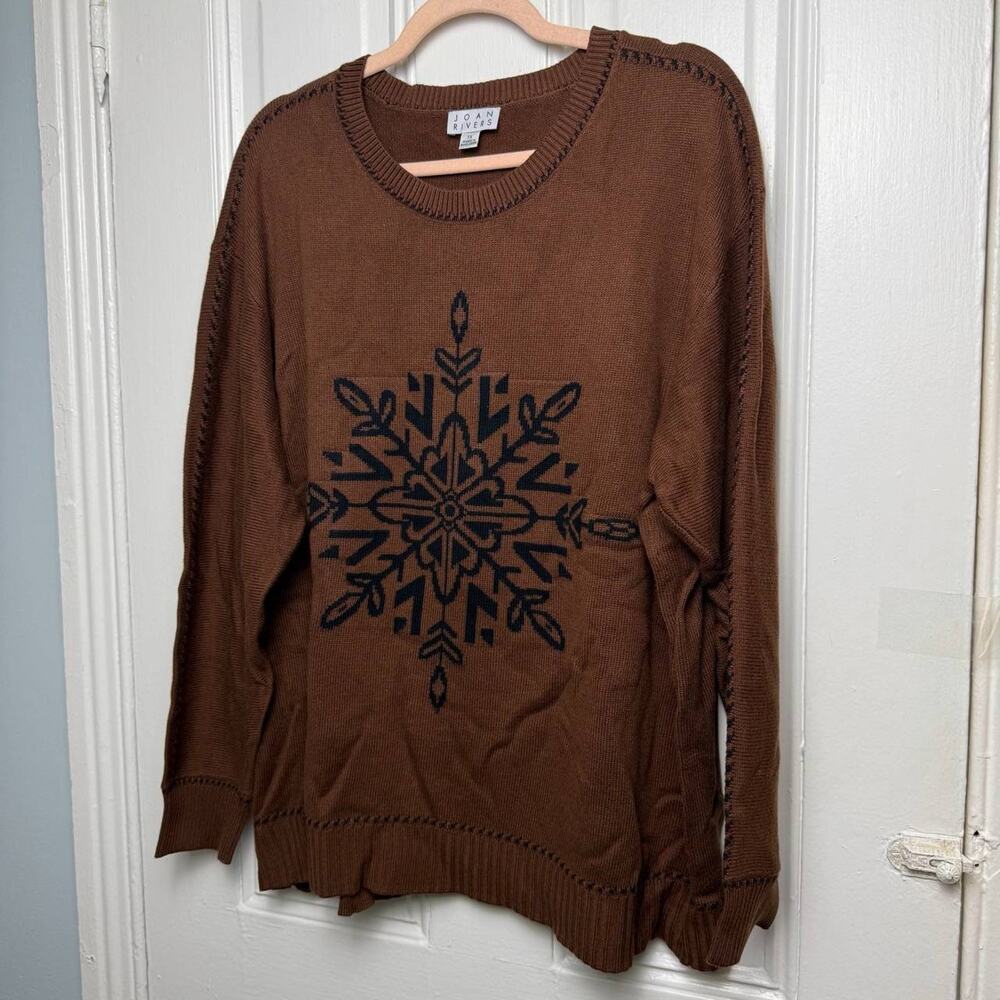 Joan Rivers Womens 1X Sweater Brown Snowflake Knit Long Sleeve Crew Neck NWOT